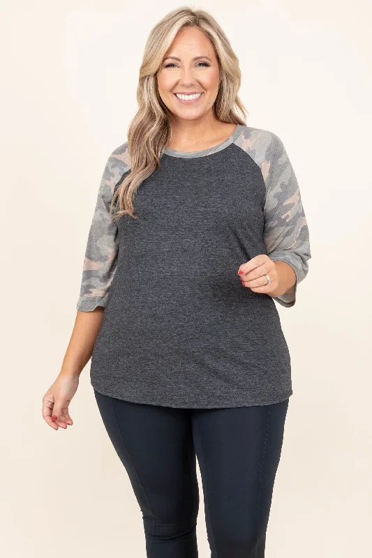 Women's Blouse with RufflesNever Blend In Top, Charcoal