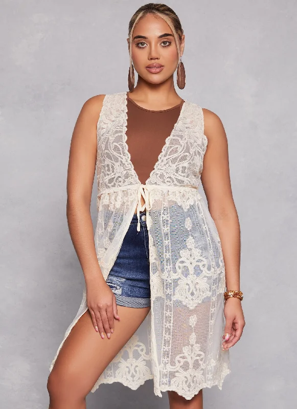 Women's Blouse with Collarless DesignCrochet Sleeveless Tie Front Kimono