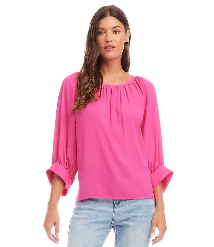 Women's Blouse with Narrow CollarPetite Size Blouson Sleeve Top