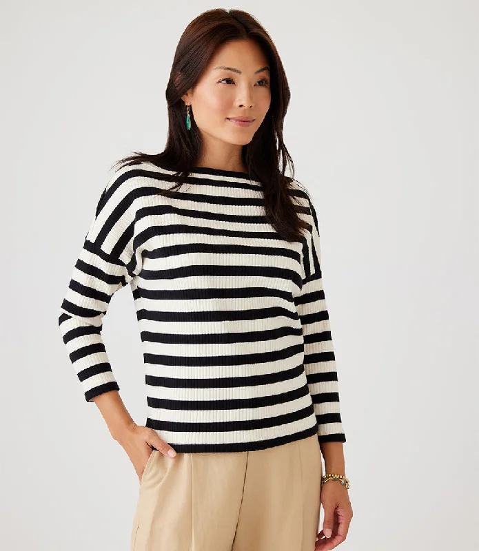 Women's Blouse with Low CollarPetite Size Stripe Three Quarter Sleeve Boatneck Top