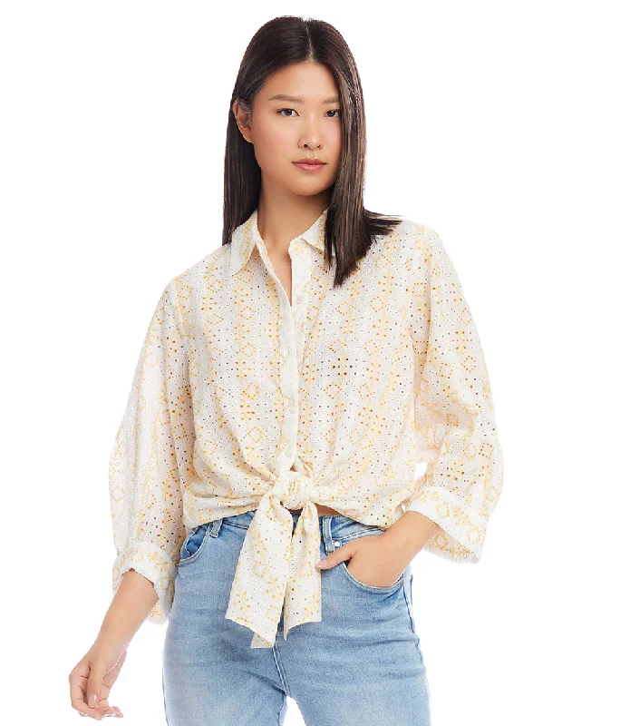 Women's Blouse with Sweetheart CollarPetite Size Tie-Front Top