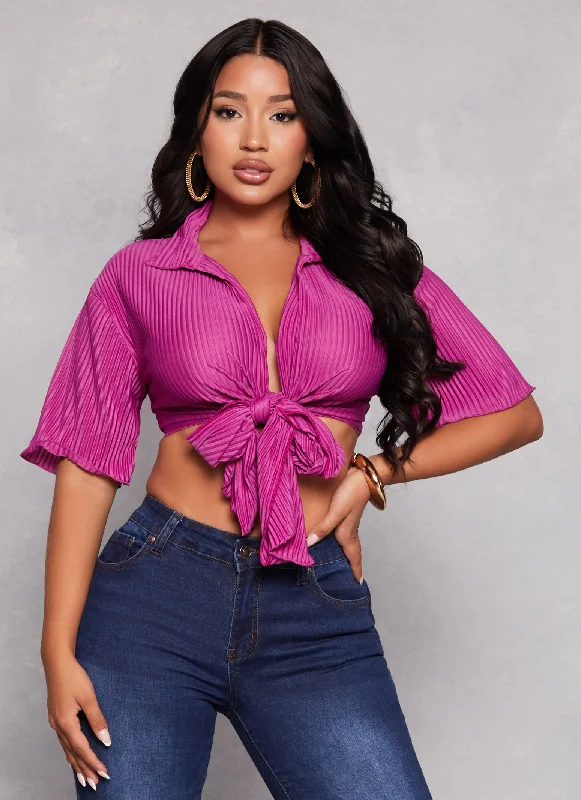 Women's Blouse with Puffed SleevesPlisse Short Sleeve Tie Front Blouse