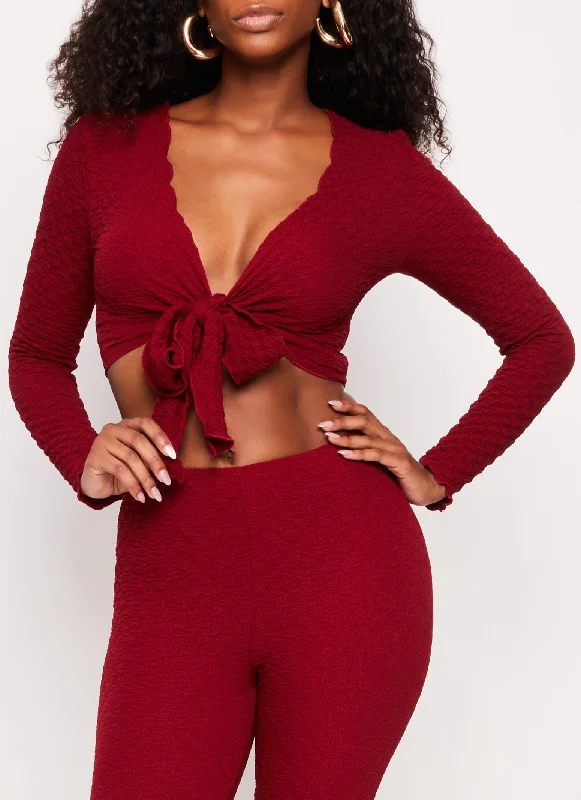 Women's Blouse with V-Shaped HemTextured Knit Long Sleeve Tie Front Crop Top