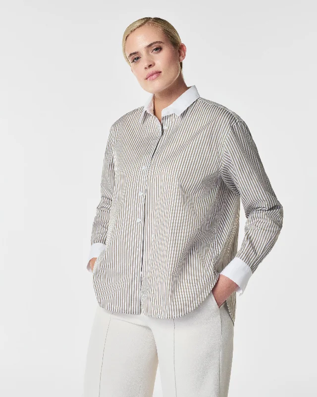 Women's Blouse with Boat NeckSPANX® Poplin Oversized Button Down, Matcha Stripe