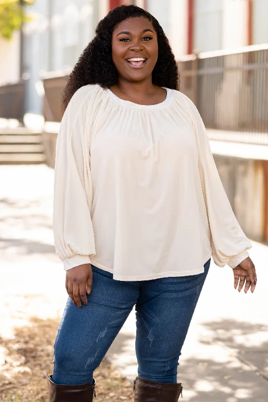 Women's Blouse with Keyhole CollarSweet Velvet Top, Cream