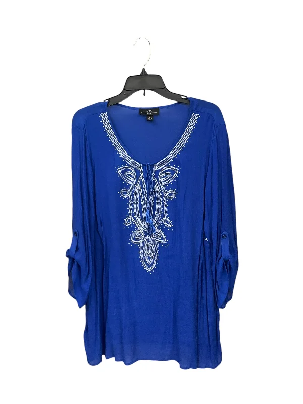 Women's Blouse with Keyhole CollarTop 3/4 Sleeve By Agb In Blue, Size: 3x