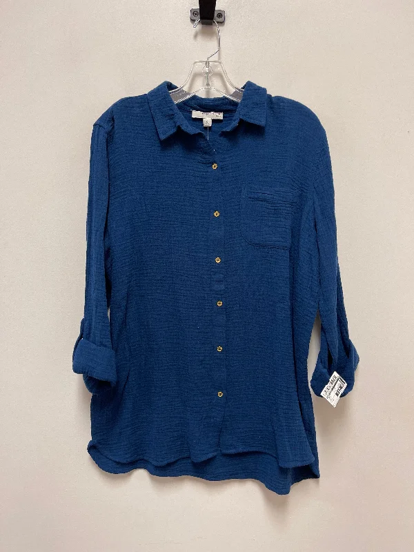 Women's Blouse with Wide CollarTop Long Sleeve By Anne Klein In Blue, Size: S