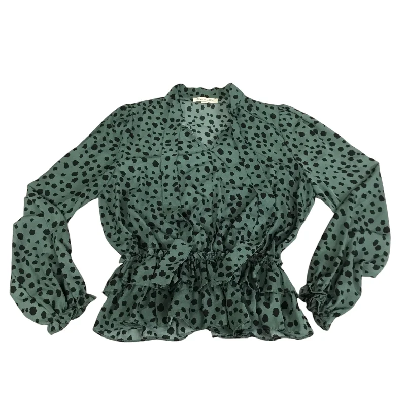 Women's Blouse with Fur TrimTop Long Sleeve By Cmc In Black & Green, Size: M