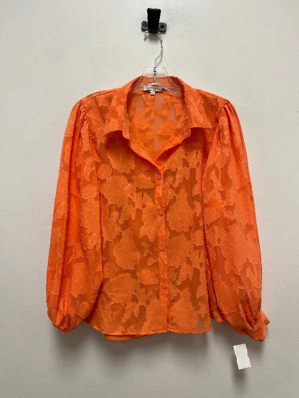 Women's Solid BlouseTop Long Sleeve By Flying Tomato In Orange, Size: M