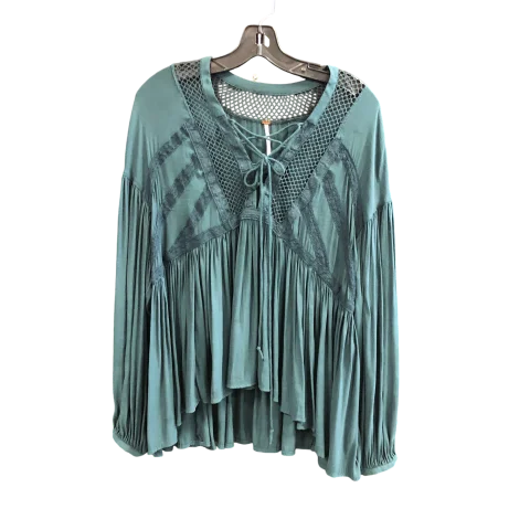 Women's Blouse with Fur TrimTop Long Sleeve By Free People In Green, Size: M