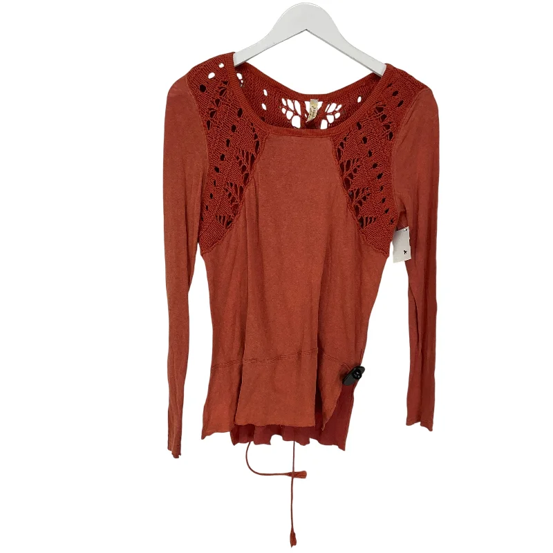 Women's Blouse with V-Shaped CollarTop Long Sleeve By Free People In Orange, Size: M