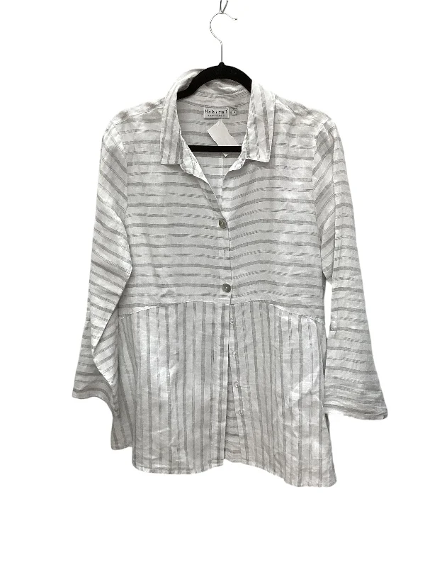 Women's Blouse with Lapel CollarTop Long Sleeve By Habitat In Striped Pattern, Size: M