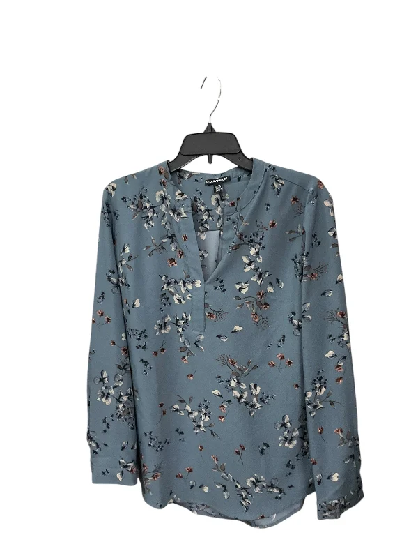 Women's Blouse with High CollarTop Long Sleeve By Hilary Radley In Teal, Size: M