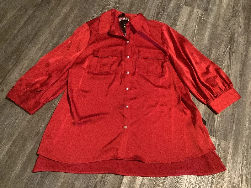 Women's Blouse with ZipperTop Long Sleeve By Investments In Red, Size: 1x