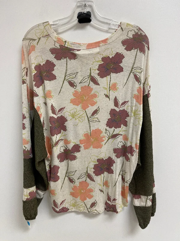 Women's Blouse with Collarless NeckTop Long Sleeve By Vintage Havana In Cream & Green, Size: S