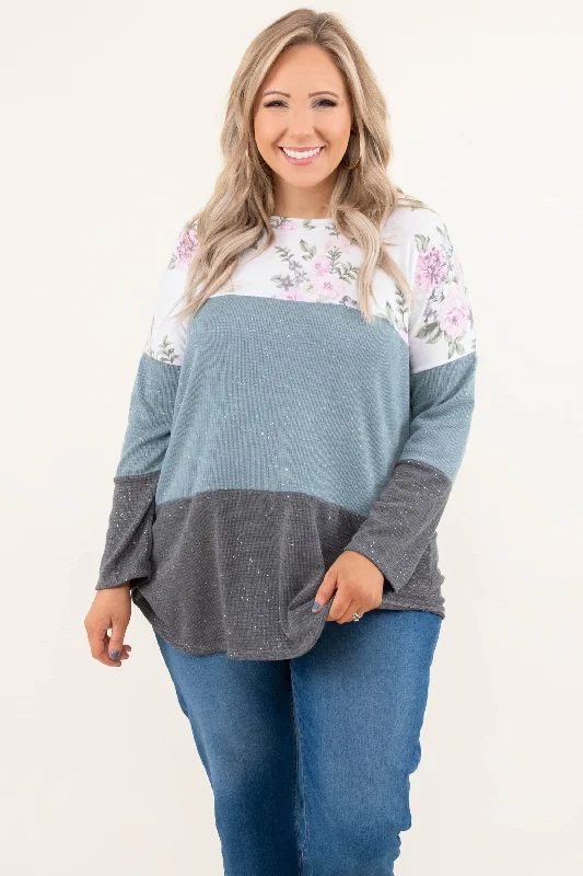 Women's Blouse with Low CollarWant To Want Me Top, Slate Blue